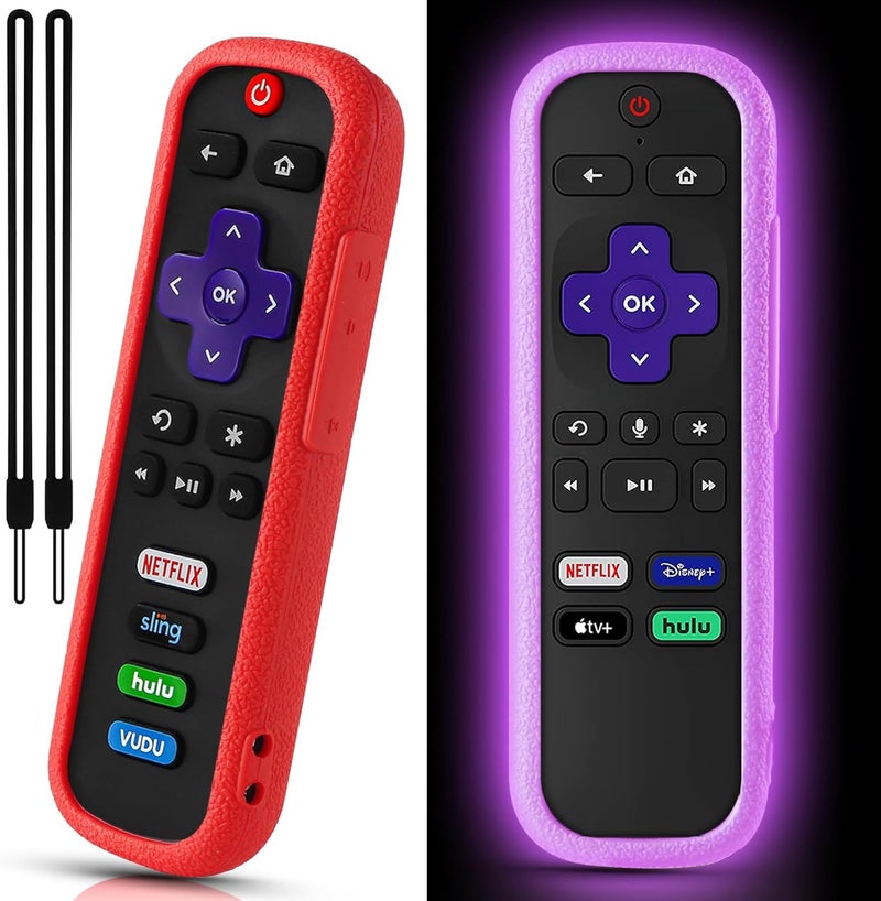 SOTATOO 2 Pack Remote Cover for Roku, Battery Cover for TCL Roku Smart TV Steaming Stick Remote, Silicone Remote Case for Roku Universal Protective Controller Sleeve Skin Glow in The Dark Purple Red - Image 1